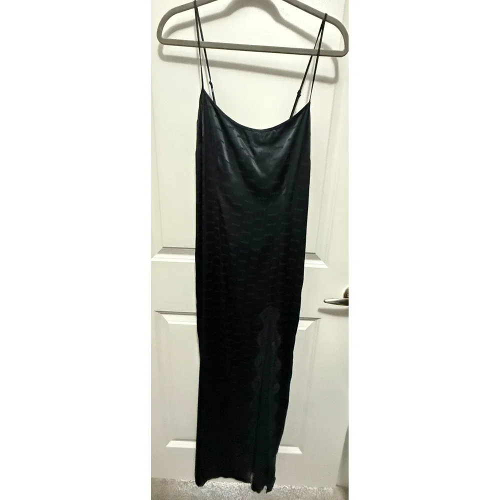 NWT SKIMS Jacquard Long Slip Dress Size S Black Logo Print‎ Adjustable Straps - Picture 8 of 8